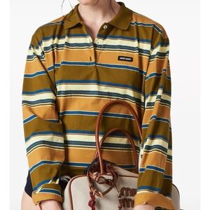 Miu Miu Mustard and Navy Striped Long Sleeve Polo Top